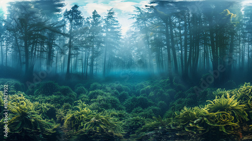 Underwater kelp forest below, dense pine forest above, morning light, seamless transition, panoramic view
