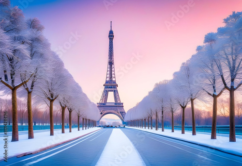 The Eiffel Tower in winter surrounded by snow-covered trees and a Christmas market