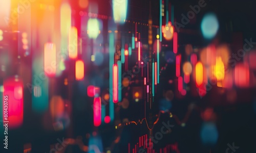 A stock market candlestick chart background with multiple candles and green, red, orange bar lines representing rising or fallingvaident