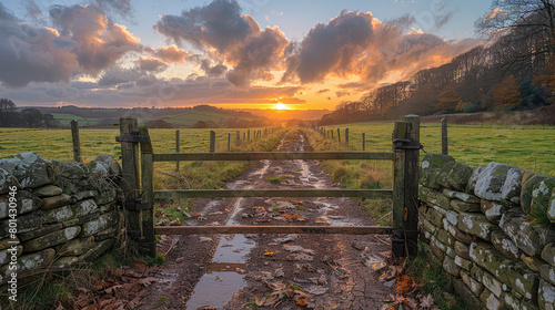 A photo of an open farm gate with the sun setting behind it, surrounded by green pastures and hills in autumn. Created with Ai