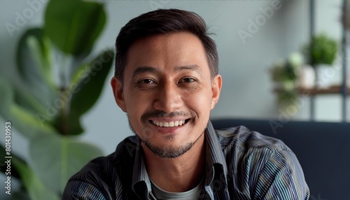 Close up headshot portrait of smiling 30s Caucasian man look at camera posing in own flat or apartment