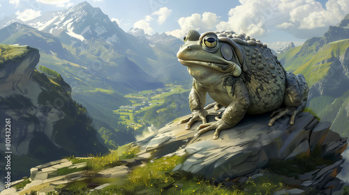 An enormous frog sitting on a mountain peak, surveying the valley below