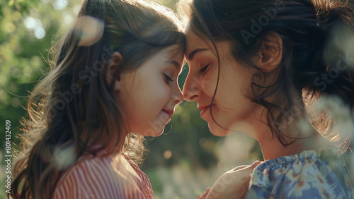 Tender moment between mom and little girl child, touching with foreheads and noses with happy face expressions while smiling, Closed eyes, Sideview