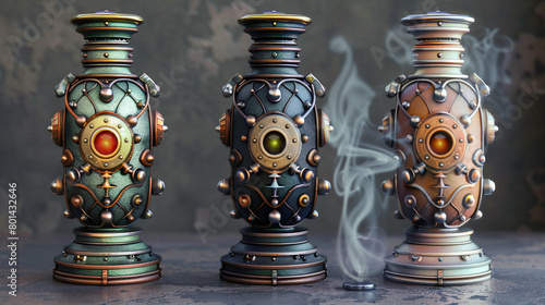 Threeampunk ornate incense burners with smoke, on a reflective surface, rendered in 3D.