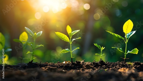 Nurturing Seedlings in Fertile Soil and Morning Sunlight for Sustainable Business Growth. Concept Sustainable Business Growth, Seedlings, Fertile Soil, Morning Sunlight, Nurturing