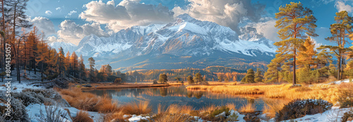 A panoramic view of the Tatra Mountains in winter, with snow-covered peaks and an autumn forest around a lake reflecting the sky's blue hues. Created with Ai