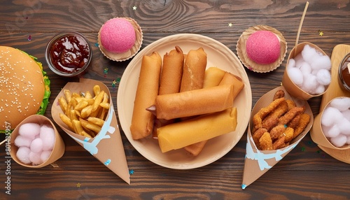 carnival theme food table scene over a dark wood banner background top down view summer fair concept corn dogs funnel cake cotton candy and snacks