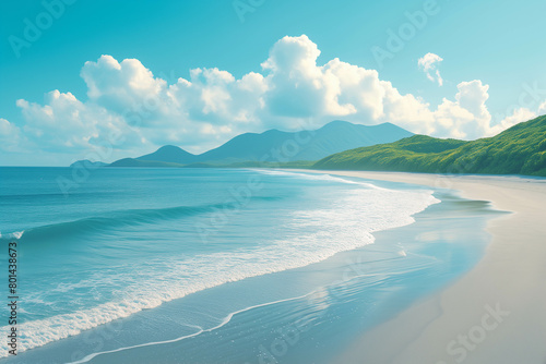 A tropical beach paradise with turquoise waves lapping on the shore under a clear blue sky.