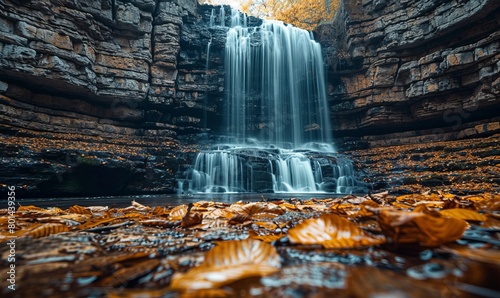 A cascading waterfall over dark rock with autumn leaves in the foreground