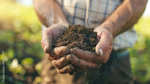 farmers hands holding handful of fertile soil agriculture and ecology concept photo