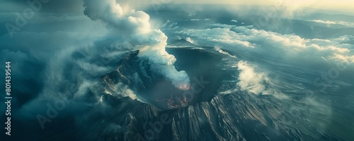 Aerial shot of Mount Aso Crater erupting, Kumamoto Prefecture, Kyushu, Japan.