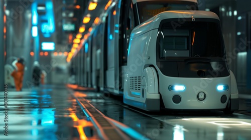 Remote-controlled cleaning robots disinfecting public transportation vehicles, ensuring cleanliness and hygiene for passengers.