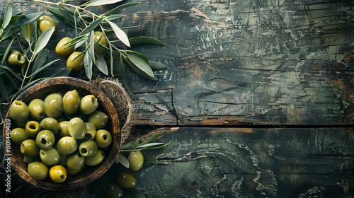 freshly harvested green olives on rustic wooden surface mediterranean still life