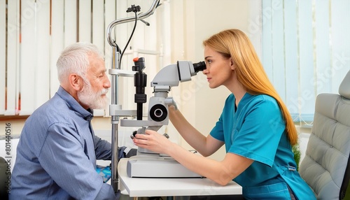 elderly man undergoes an eye examination in a modern clinic. An expert checks vision using diagnostic ophthalmological equipment