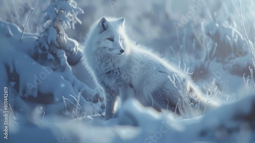 Illustrate the winter majesty of an Arctic fox adorned in its thick, pristine fur