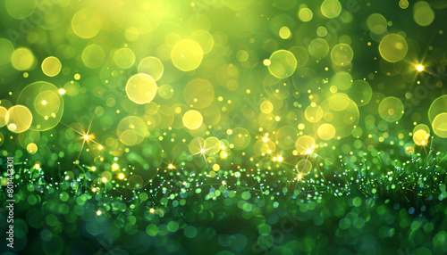 Meadow Dew Green Glitter Defocused Abstract Twinkly Lights Background, sparkling blurred lights in fresh meadow dew green colors.