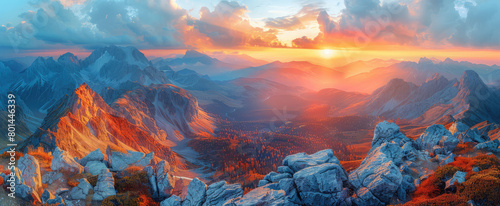 Panoramic view of the Dolomites at sunrise, award-winning landscape photography. Created with Ai