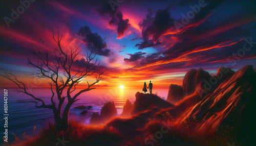 Photo real as Sunset Haven concept: Envision a couple finding solace and tranquility in a secluded haven as the sun dips below the horizon painting the sky with a palette of vibrant colors.