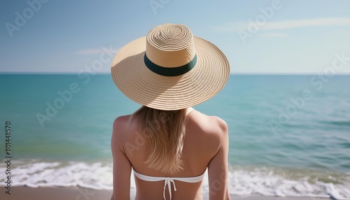  young woman wearing straw hat on the seashore
