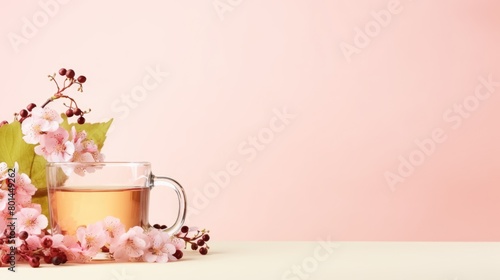 Herbal tea with flower buds next to it on a light background, close-up. The concept of medicinal drinks, alternative medicine.