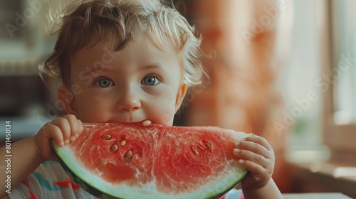 little pretty child baby bites into a piece of red watermelon with relish and looks into the camera, 16:9
