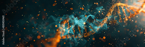 DNA double helix with glowing particles on dark background, turquoise and orange color scheme, highly detailed 