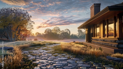 Digital depiction of a Craftsman house at dawn, side view with stone pathway and dewy grass.