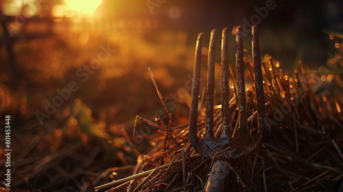 A close-up of a weathered pitchfork resting against a haystack, its tines catching the warm glow of the setting sun.