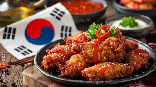 Korean Fried Chicken Korean fried chicken pieces topped with a juicy, delicious sauce. Beautiful colors, beautifully arranged And has the South Korean flag, looks premium.