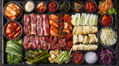 Korean food. Sliced pork, beef, cabbage, dumplings, radish, soy sauce, kimchi and pickled cucumbers in a wooden box. Top view.