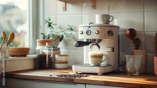 A compact espresso machine on a small kitchen counter, surrounded by freshly ground coffee beans and a frothing pitcher.