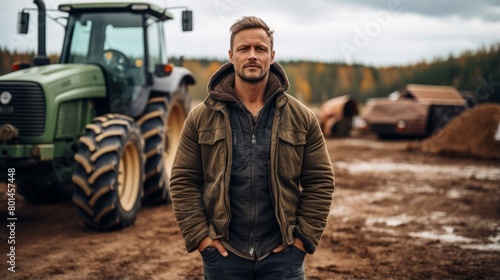 A man standing in front of a tractor in a field