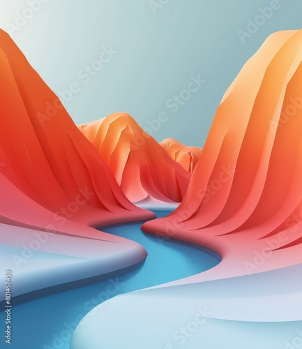 3D illustration of a canyon landscape with a river flowing through it