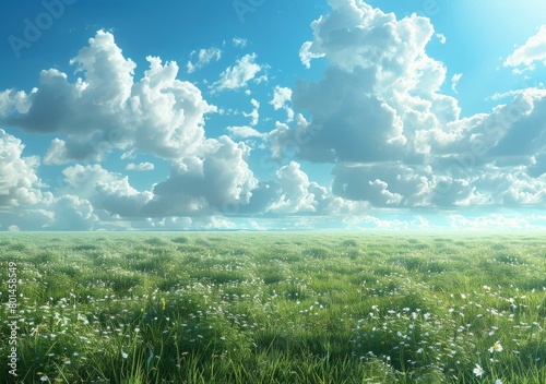 Grass field with white flowers under blue sky and white clouds
