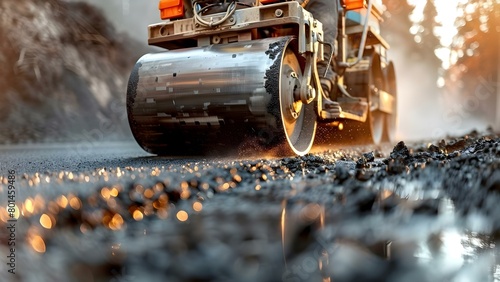 Using roller compactor for road construction and asphalt finishing. Concept Road Construction, Roller Compactor, Asphalt Finishing, Construction Machinery, Civil Engineering