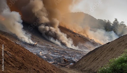 an illustration of destruction showing a wave and rippled landscape with a smoke plume and small amount of debris within the rising dust and gases