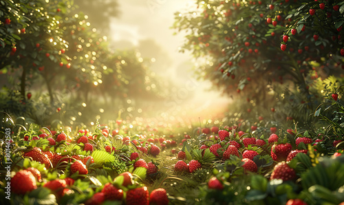 A serene orchard with ripe fruits and strawberries basking in golden sunlight. Generate Ai