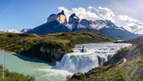 stunning scenery of the raging paine river waterfalls with majestic torres del paine in the background in torres del paine national park in the patagonia region of chile