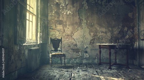 Old room with old chairs that are dilapidated, lonely, about to break down, dirty, Generative Ai.