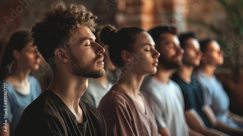 group meditation in yoga studio men and women breathing with closed eyes breathwork concept