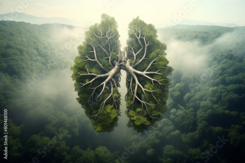 Forests as Earth's lungs. Aero view to forest in shape of human lungs over green nature background. Ecology, nature protection, biodiversity, climate change, sustainability, health concept