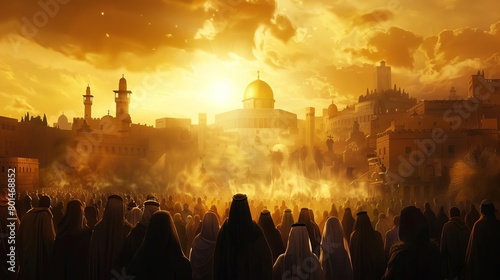 heavenly revelation crowd witnessing the unveiling of jesus christ in jerusalem new testament scene concept illustration