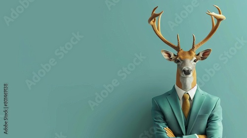 hipster deer in business suit sitting like a boss pastel teal background concept illustration
