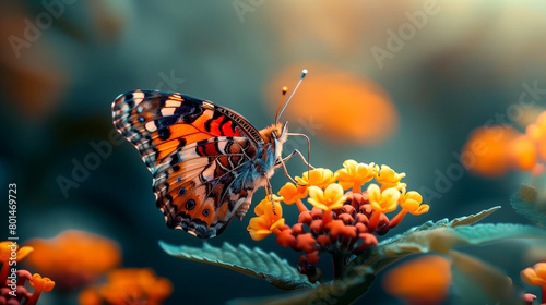 A butterfly resting on a blooming flower