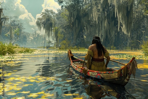 A Native American Indian is sailing his canoe through the southern swamp.