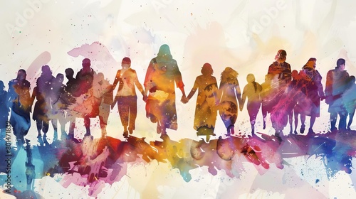jesus christ holding hands with diverse group of people digital watercolor painting