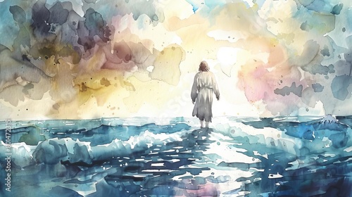 jesus walking on water watercolor biblical illustration religious art