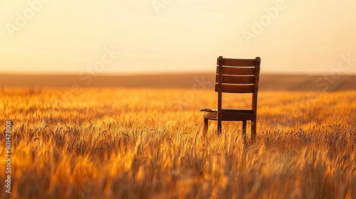 lonely wooden chair in vast golden wheat field at sunset symbolizing solitude and peace