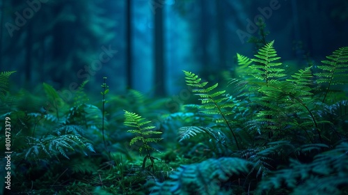 lush green ferns in enchanted forest on midsummer night nature background