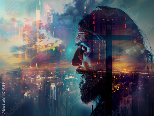 Double exposure image of Jesus Christ, Christian cross and night city